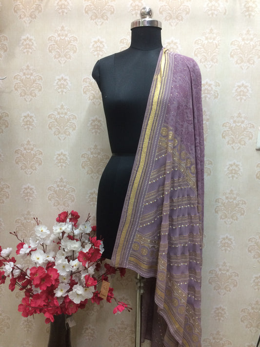 Elegant Lavender Chiffon Dupatta with Traditional Gold Foil Print