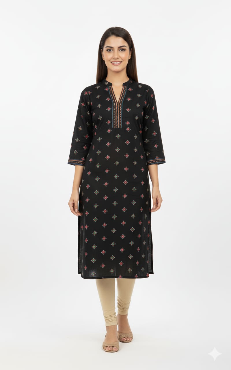 Black Cotton Printed Kurti for Women