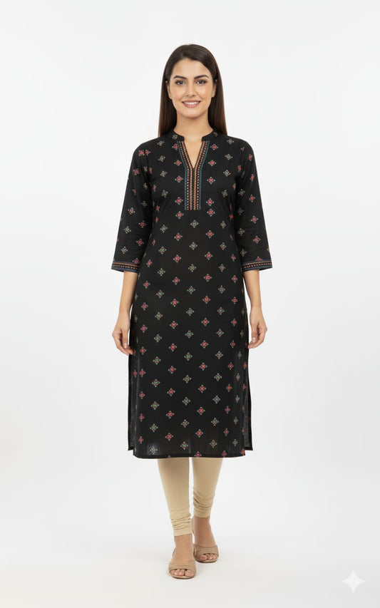 Black Cotton Printed Kurti for Women