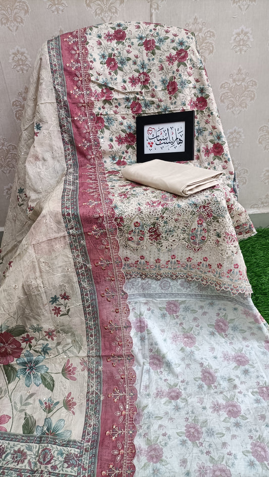 Bin Saeed unstitched embroidered cream and pink