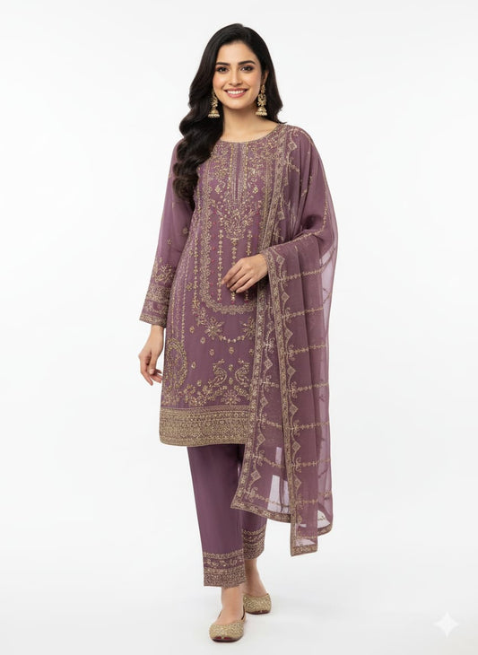 Luxury Plum Purple Heavily Embroidered Chiffon Salwar Kameez Suit with Sequin Work - Ready to Wear Designer Party Dress