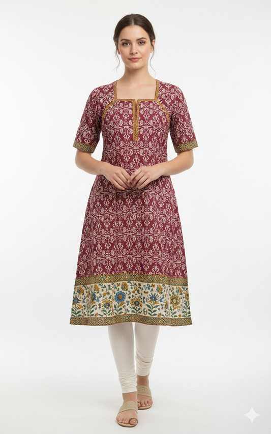 Maroon & White Printed Cotton Kurti with Border Detail