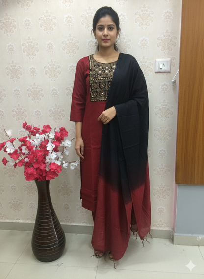 Red Straight Kurta Set with black  Embroidery & Ombre Dupatta