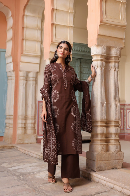 Nilofar Coffee Brown Bandhani Print Kurta Palazzo Set