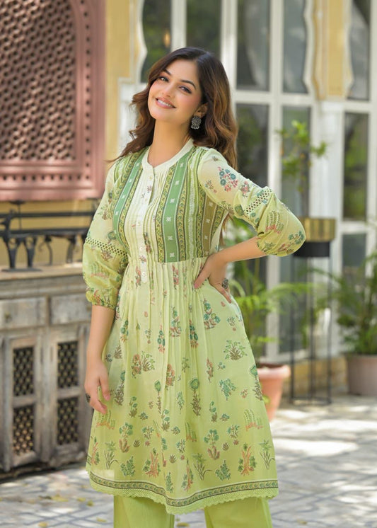 Sage Serenity  Floral Print Cotton Tunic & Trouser Set