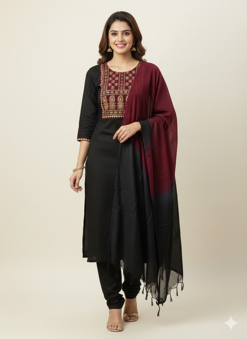 Black Straight Kurta Set with Maroon Embroidery & Ombre Dupatta