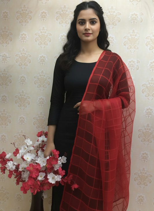Maroon cotton checkered dupatta