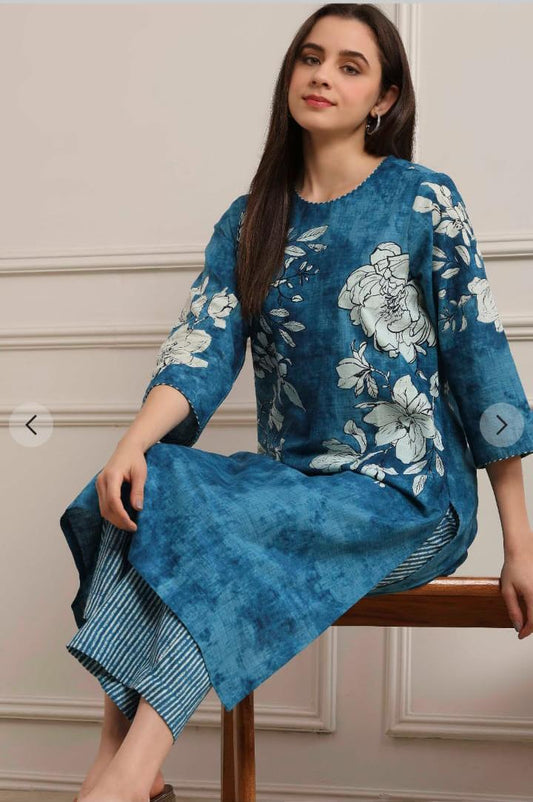 Inayat Blue Floral Printed Kurta with Striped Trousers