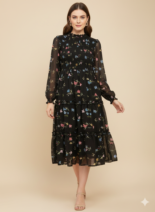 Black floral printed kurti with puff sleeves