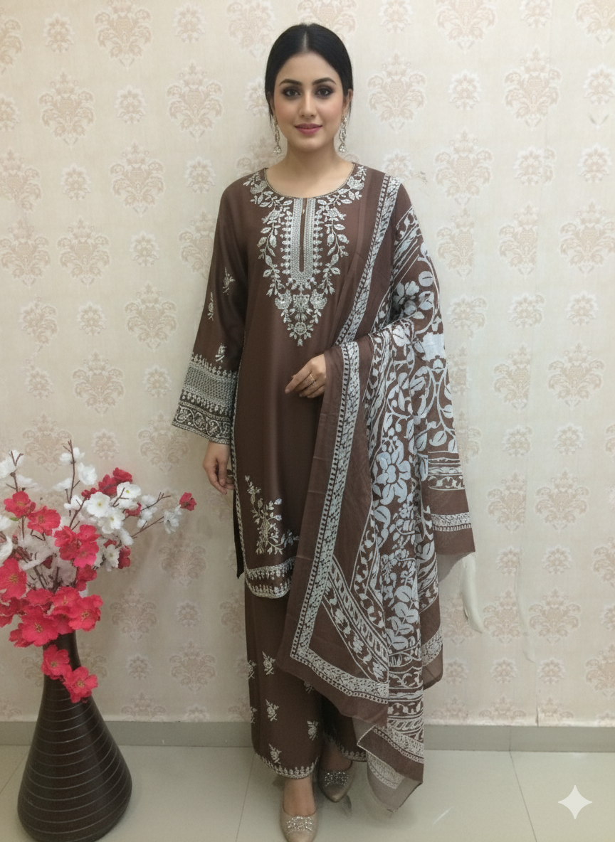 Elegant Embroidered rust and brown rayon Suit Set with Printed Dupatta