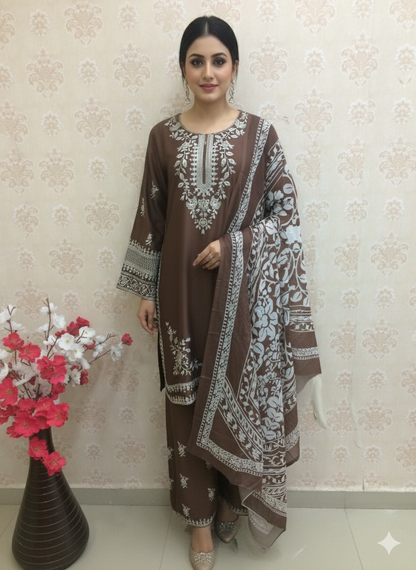 Elegant Embroidered rust and brown rayon Suit Set with Printed Dupatta