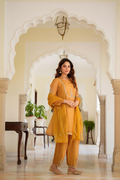 Ethereal Mustard Yellow Kurta & Salwar Set with Gold Zari Work