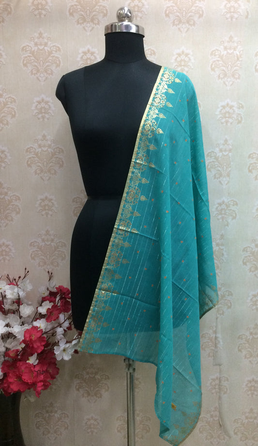 Vibrant Aqua Blue Chiffon Dupatta with Gold Striped & Booti Work