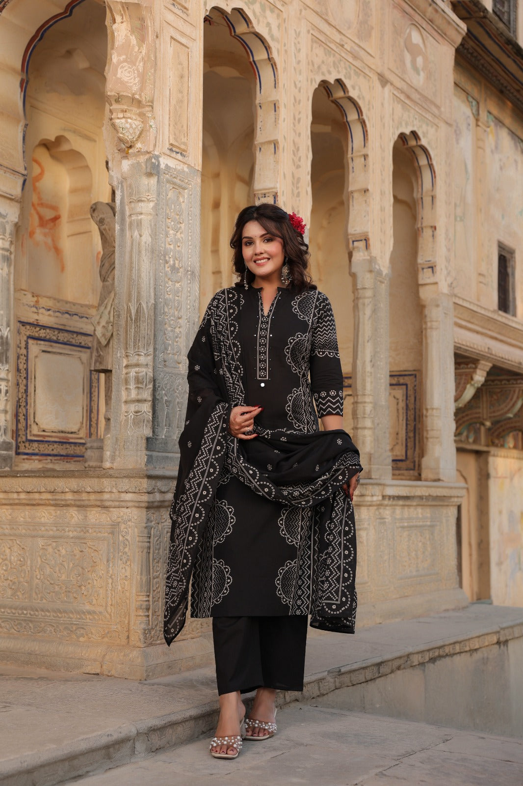 Rumaisa Jet Black Bandhani Print Kurta Set