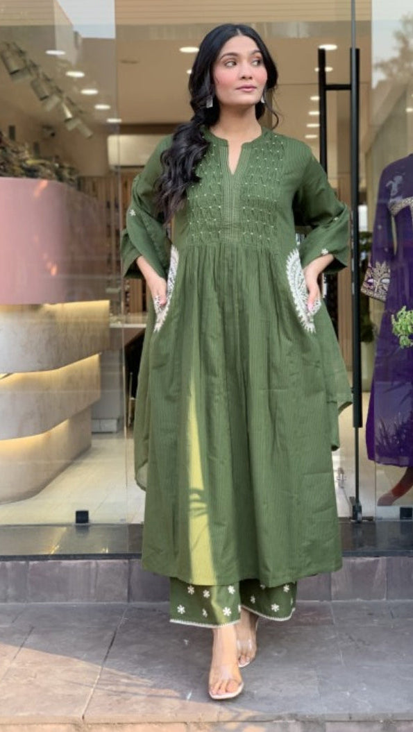 Kulsum Green Embroidered A-Line Kurta Set