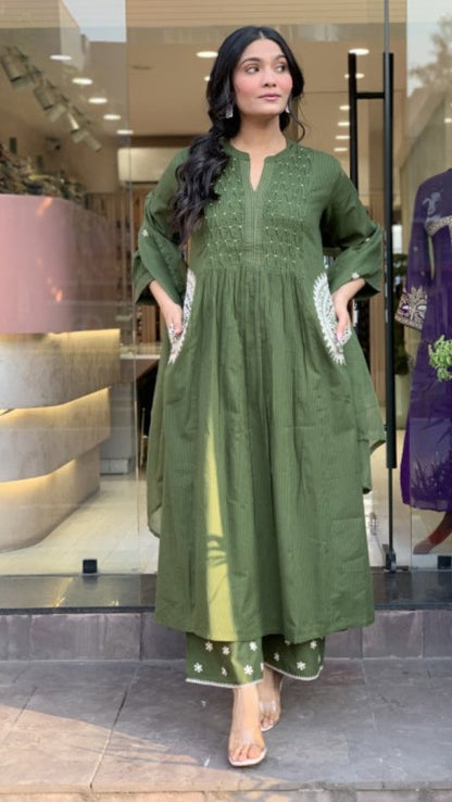 Kulsum Green Embroidered A-Line Kurta Set