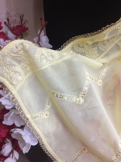 Soft Yellow Embroidered Chiffon Dupatta with Lace Border