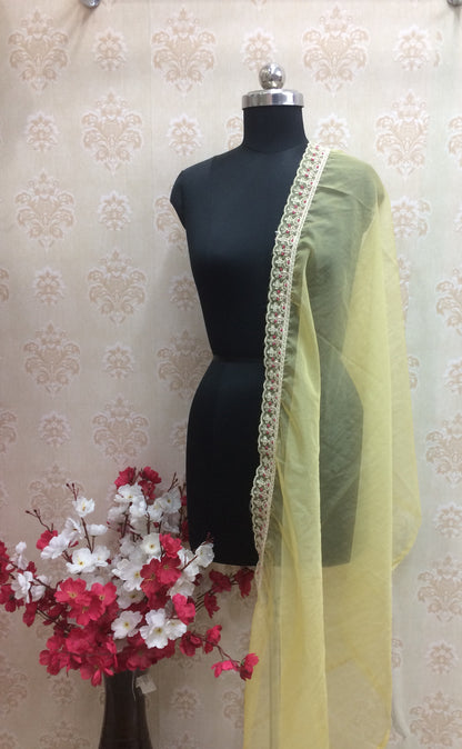 Pastel Yellow Organza Dupatta with Intricate Floral Lace Border