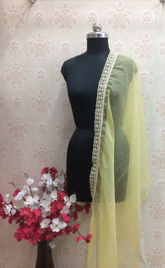 Pastel Yellow Organza Dupatta with Intricate Floral Lace Border