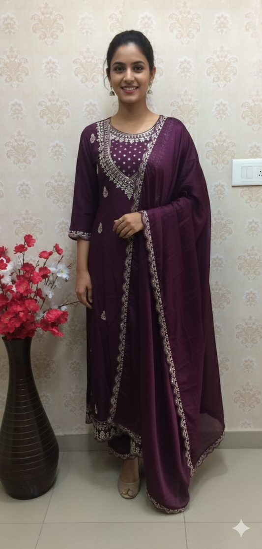 purple anarkali all over work