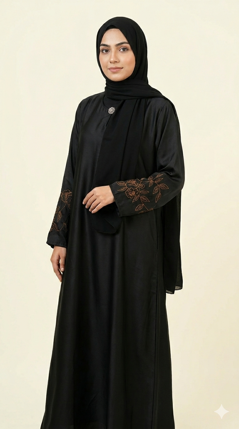 Midnight Silk-Mix Indian Fabric Abaya – Floral Sleeve Embroidery (51")