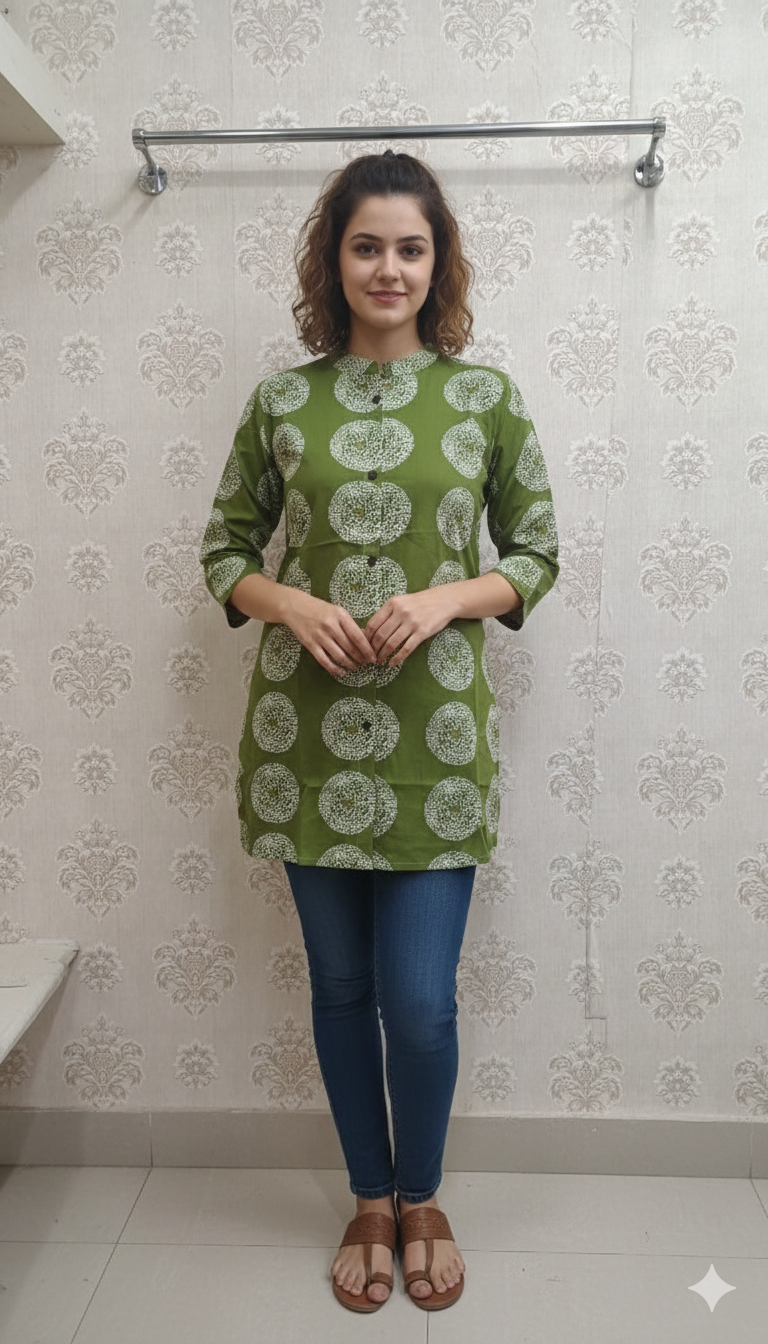 Green Printed Cotton Kurti