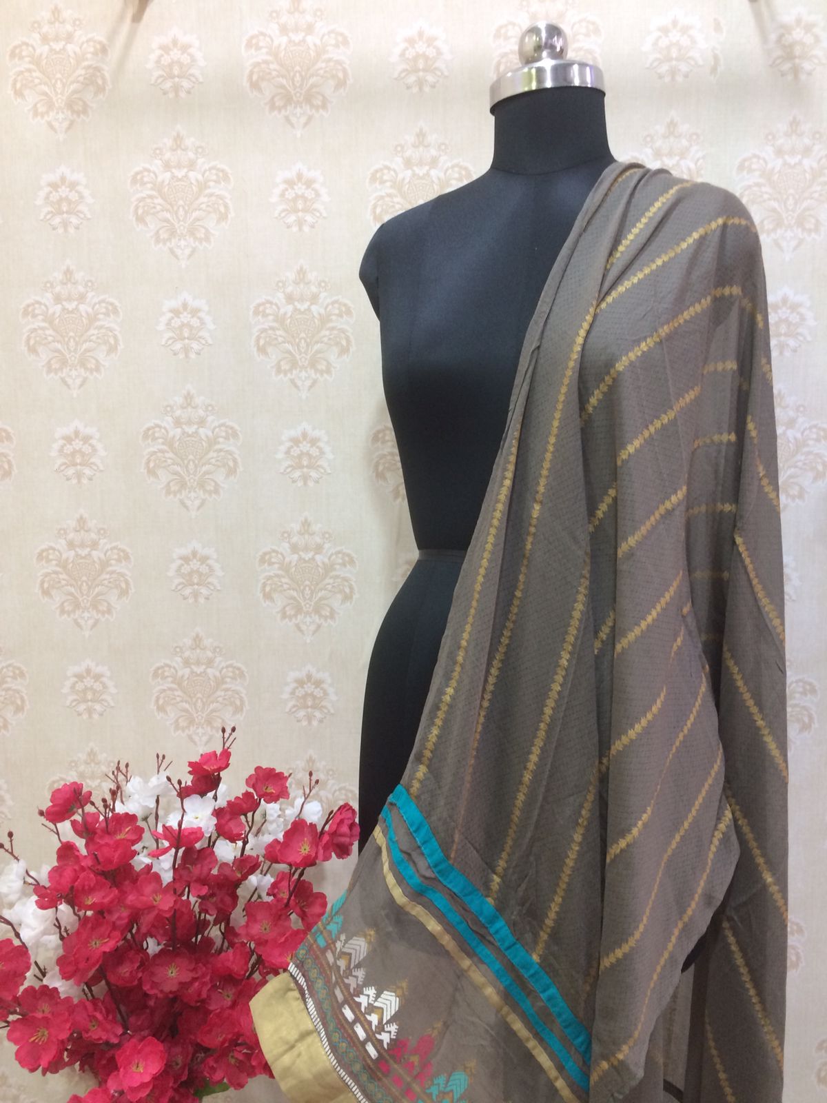 Gray cotton dupatta with golden zari work