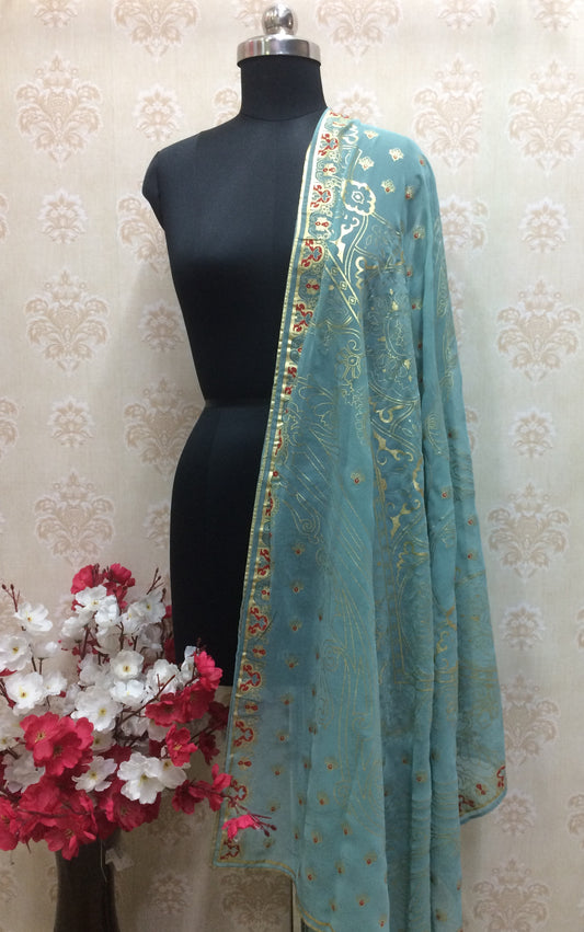Aqua Blue Chiffon Dupatta with Gold Foil Print