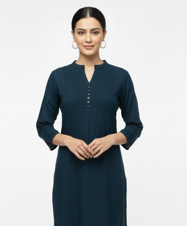 Teal blue short kurti with pleated yoke