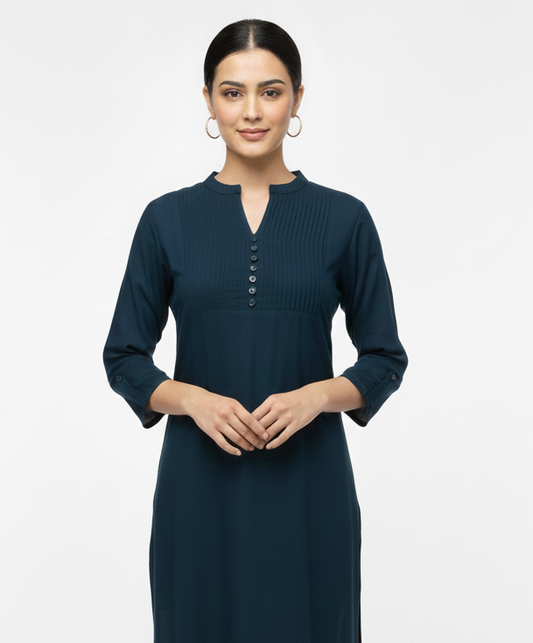 Teal blue short kurti with pleated yoke