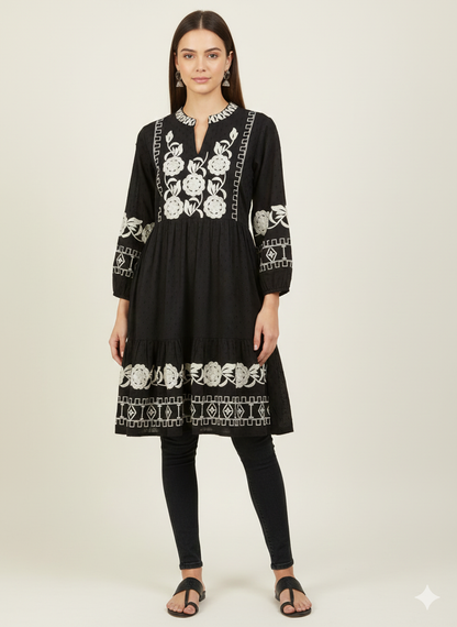 Black & White Embroidered Tiered Cotton Tunic