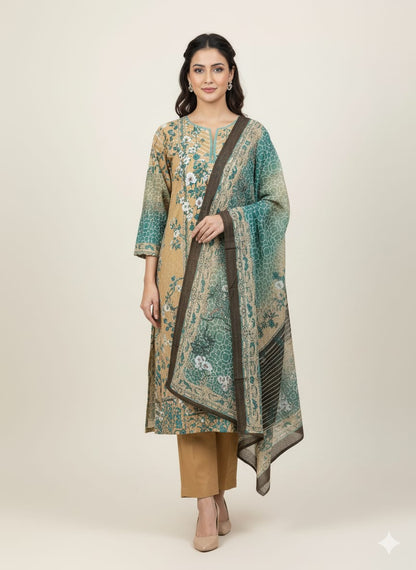 Vibrant Teal & Beige Pakistani Stitched Cotton Suit