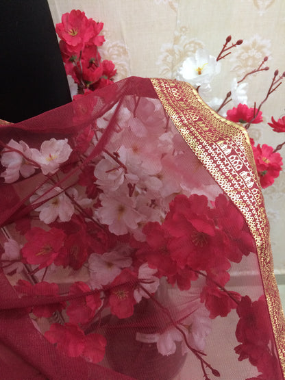 Red net dupatta with golden print lace