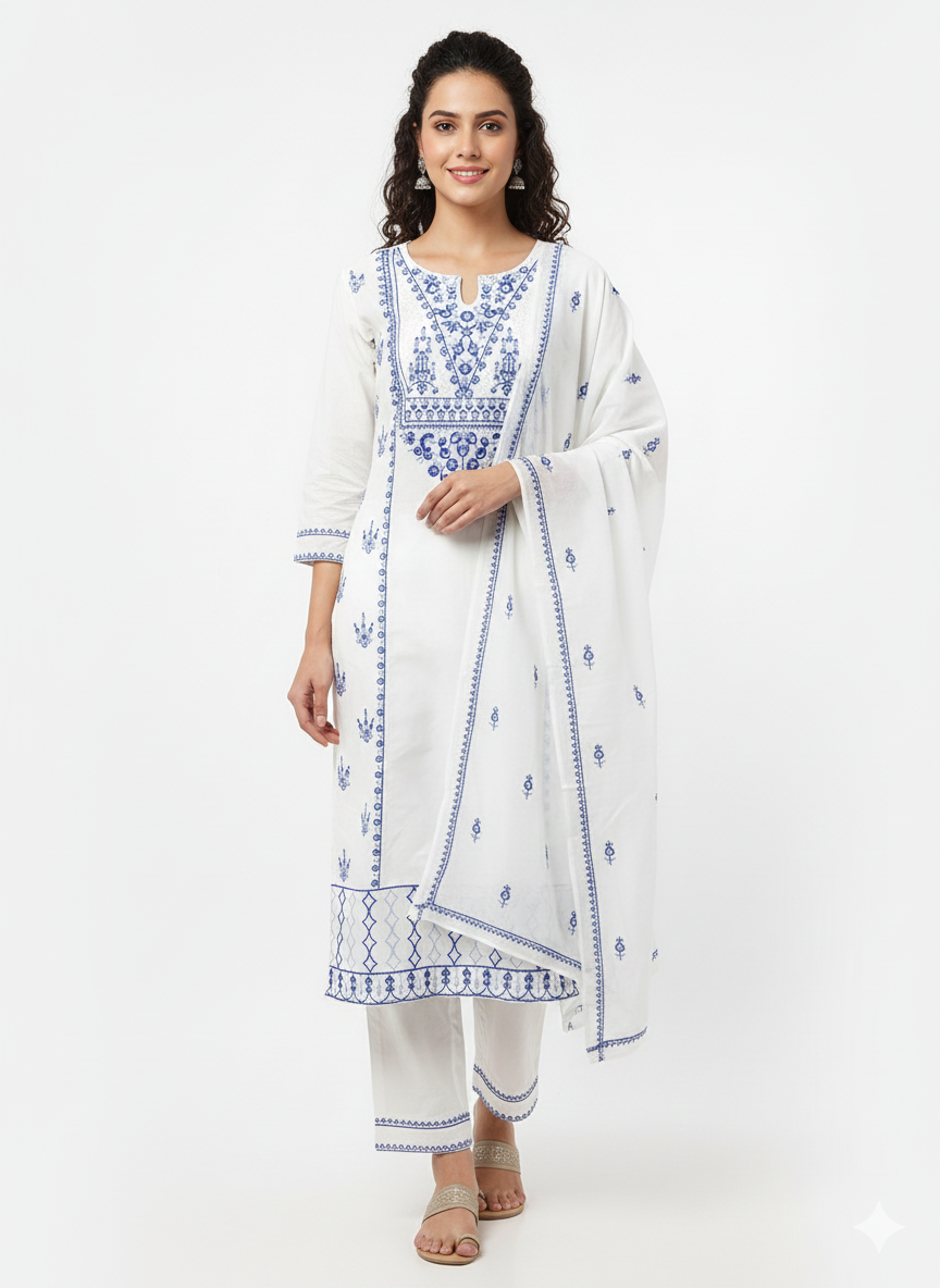 White dress blue thread work dress airport