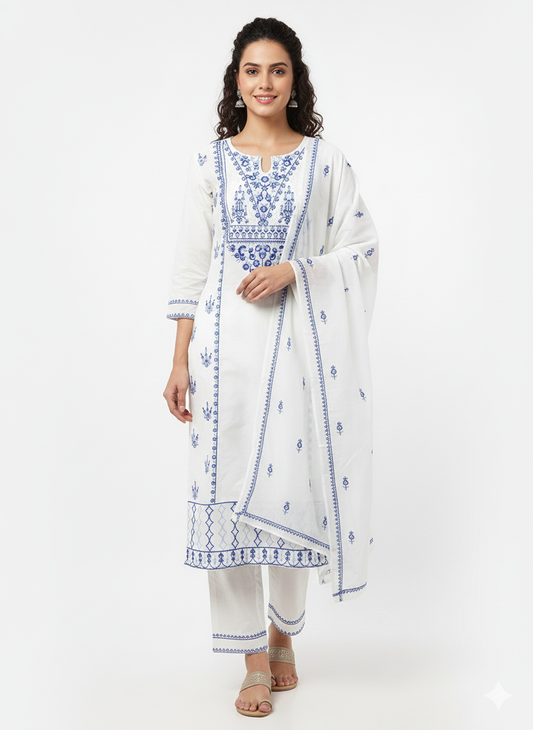 White dress blue thread work dress airport