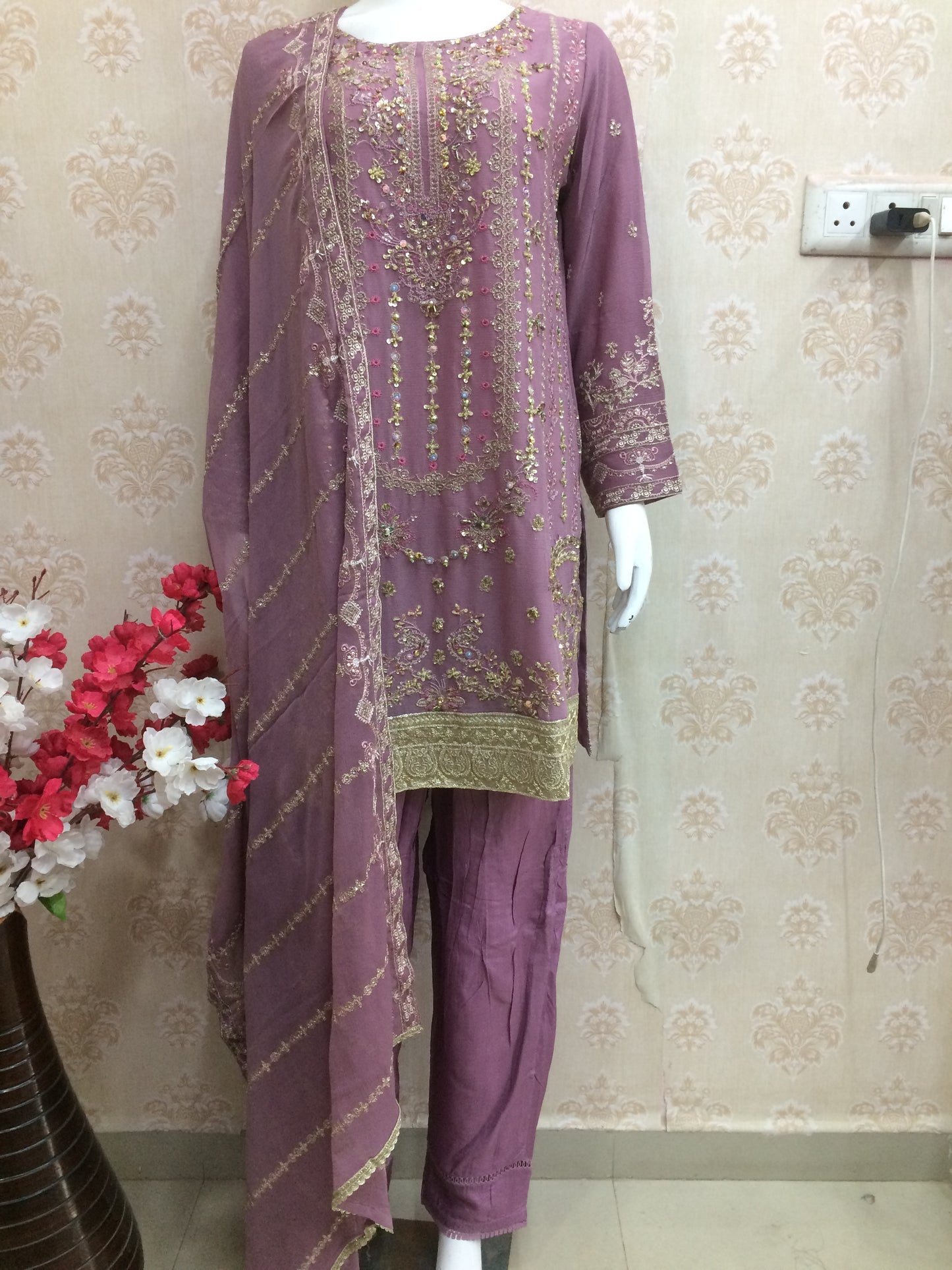 Luxury Plum Purple Heavily Embroidered Chiffon Salwar Kameez Suit with Sequin Work - Ready to Wear Designer Party Dress