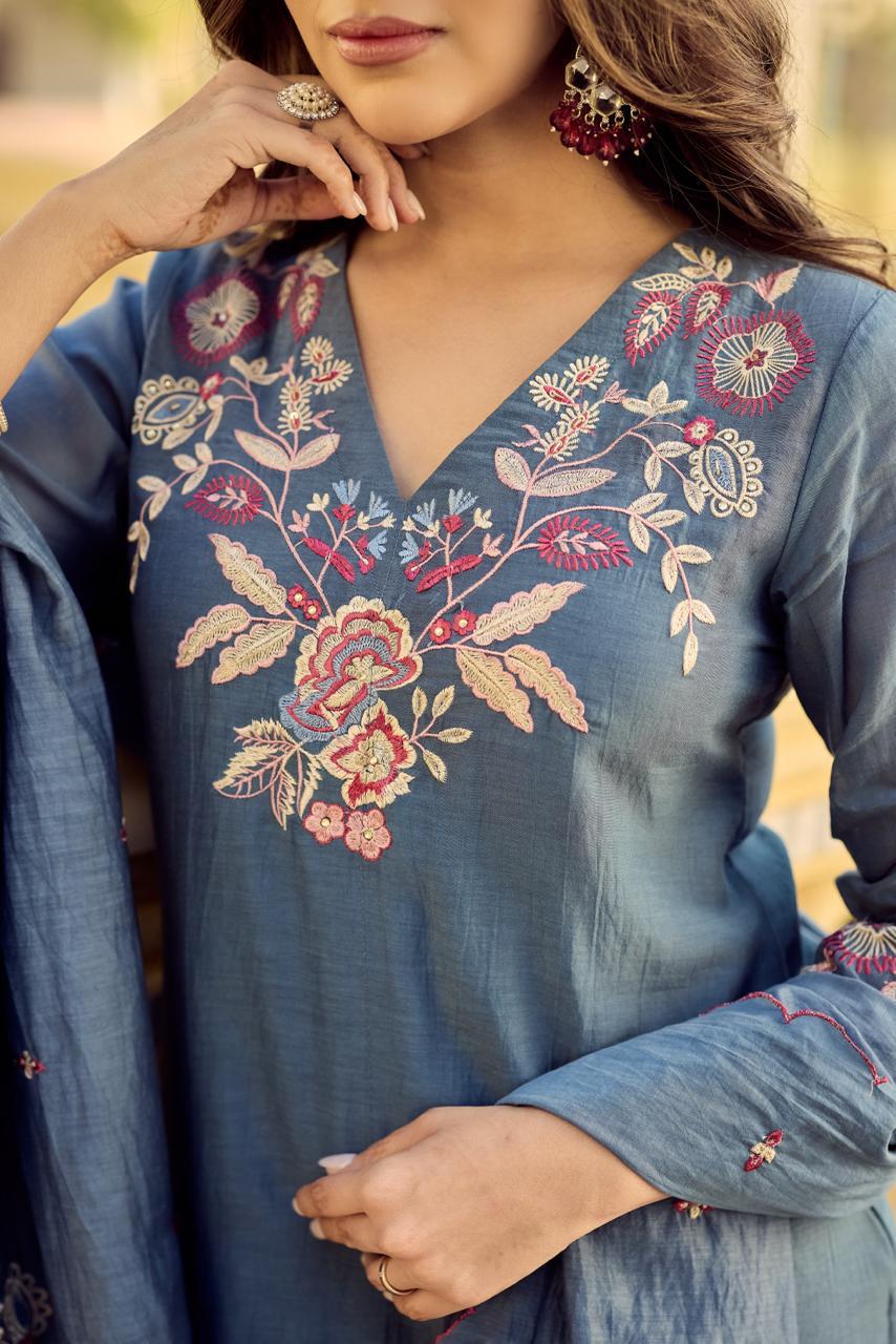 Saniya Blue Embroidered Chanderi Silk Suit Set