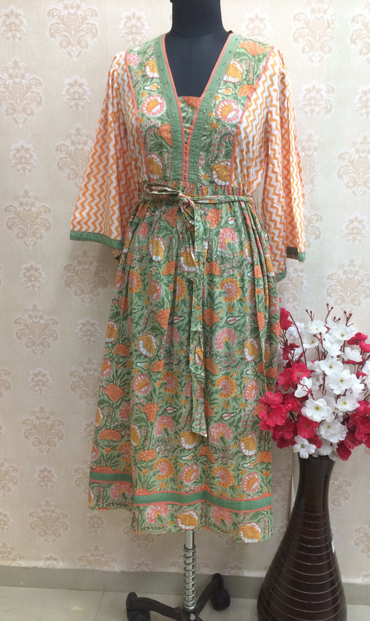 Cotton Block Print Flared Kurti with Tie-Up Belt