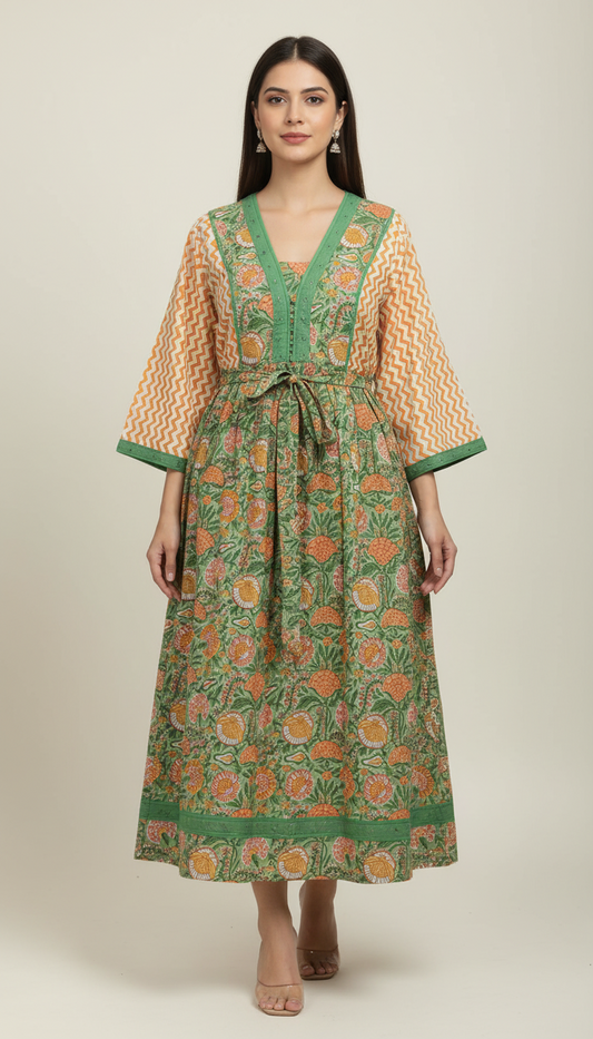 Cotton Block Print Flared Kurti with Tie-Up Belt