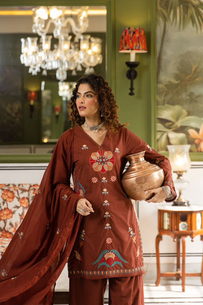 Rich Burnt Sienna Embroidered Cotton Suit Set