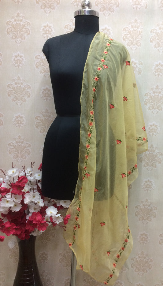 Pastel Yellow Organza Dupatta with Delicate Floral Thread Work