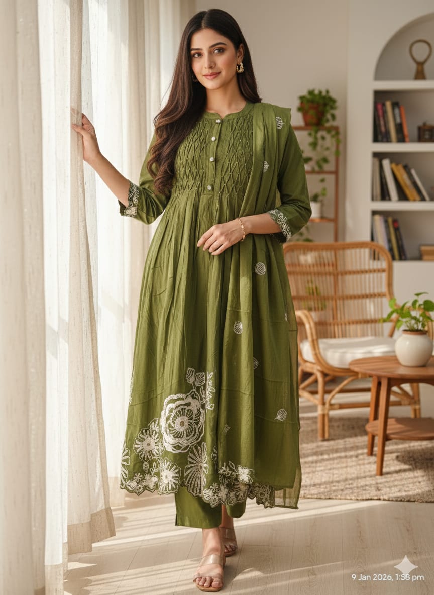 Khushnuma Olive Green anarkali suit set with dupatta