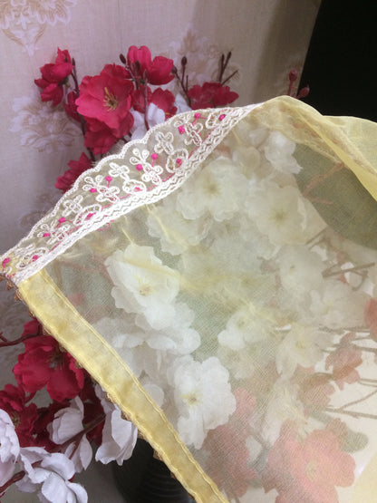 Pastel Yellow Organza Dupatta with Intricate Floral Lace Border