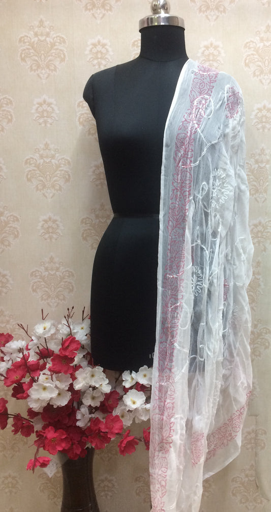 Classic White Chikankari Dupatta with Contrast Pink/Red Border
