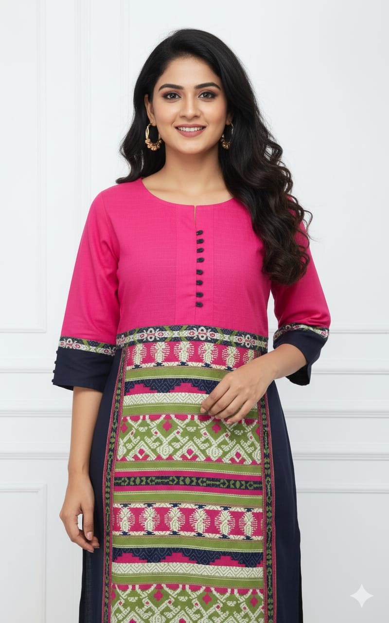 Handloom Style Cotton Kurti Ikat Inspired Print - Pink & Navy Blue