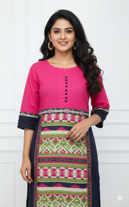 Handloom Style Cotton Kurti Ikat Inspired Print - Pink & Navy Blue