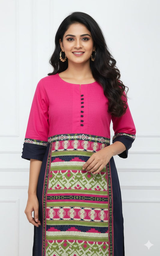 Handloom Style Cotton Kurti Ikat Inspired Print - Pink & Navy Blue