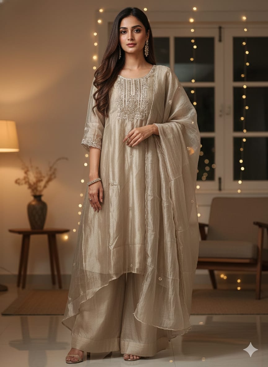 Tissue Silk Anarkali Kurta & Palazzo Set