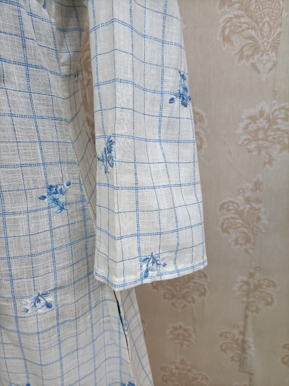 White & Blue Embroidered V-Neck Kurti with Check Pattern