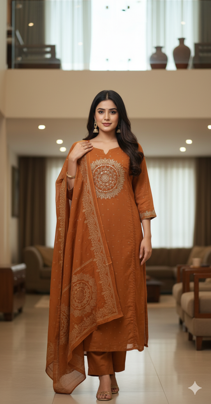 Rust Orange Embroidered Cotton Kurta Set with Dupatta